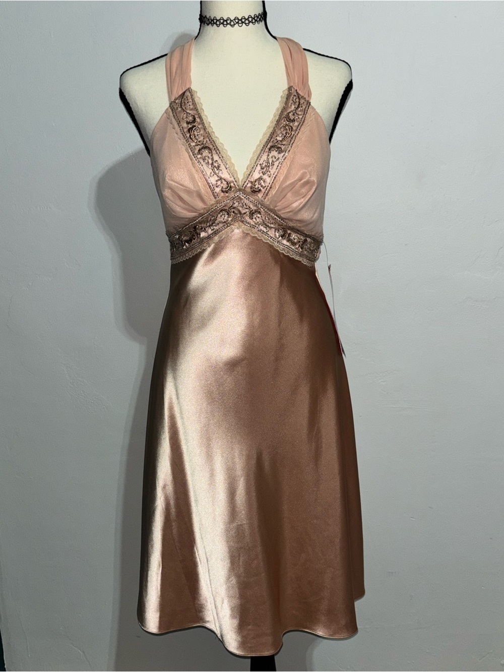 OC by Oleg Cassini Satin Beaded Halter Slip Dress